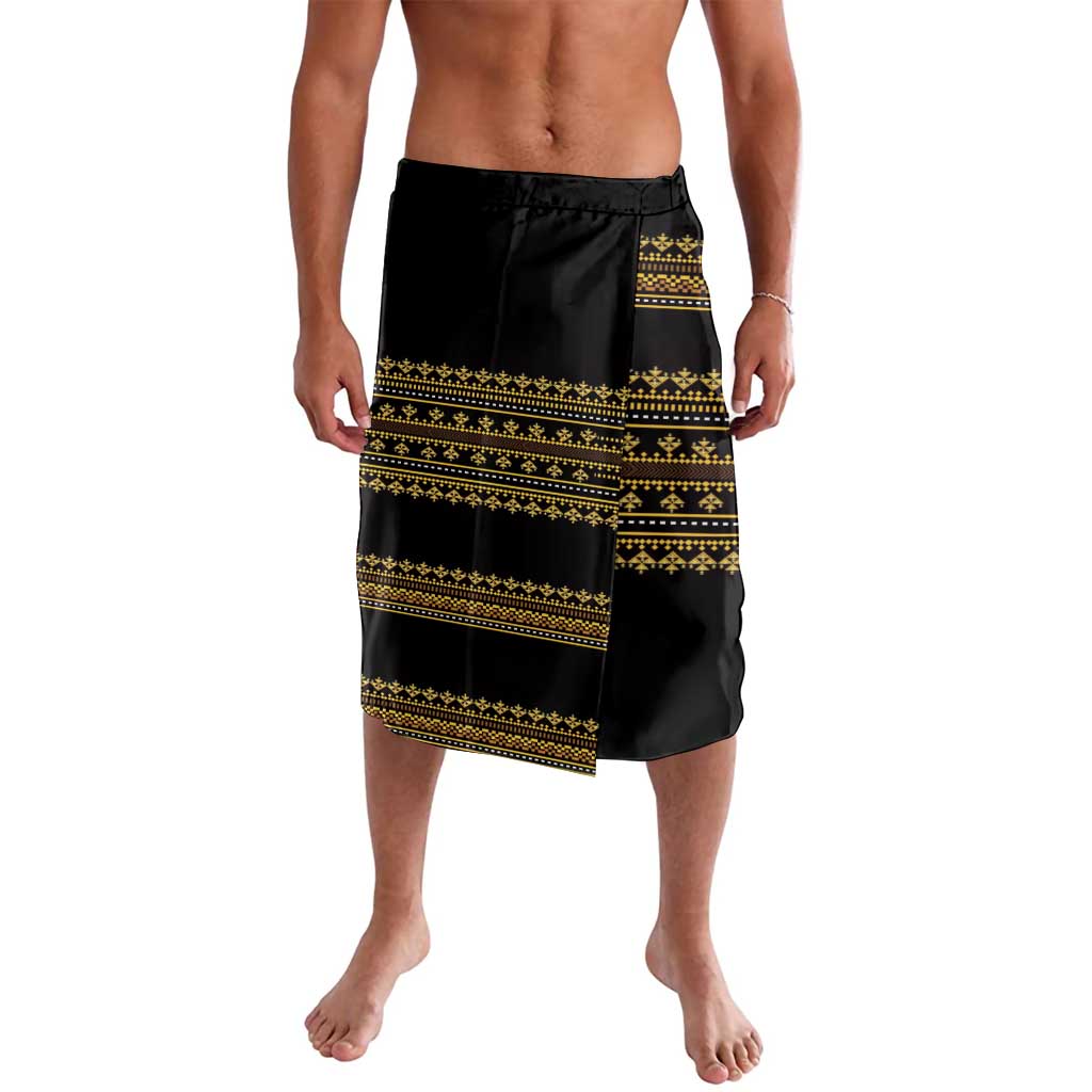 Black and gold traditional pattern wrap shorts with side pocket detail