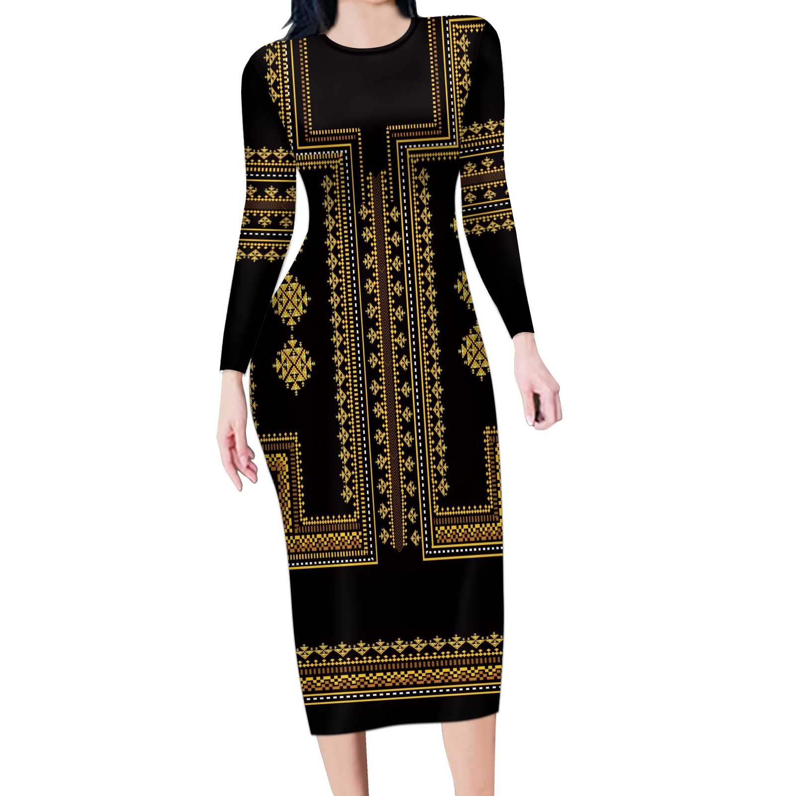 Bulgaria Traditional Pattern Gold Long Sleeve Bodycon Dress Balkan Culture - Wonder Print Shop