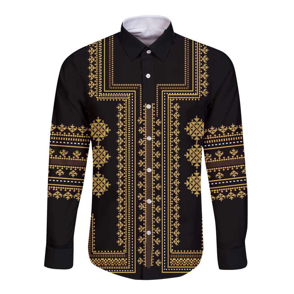 Black long-sleeve button shirt with gold geometric folk pattern, front view
