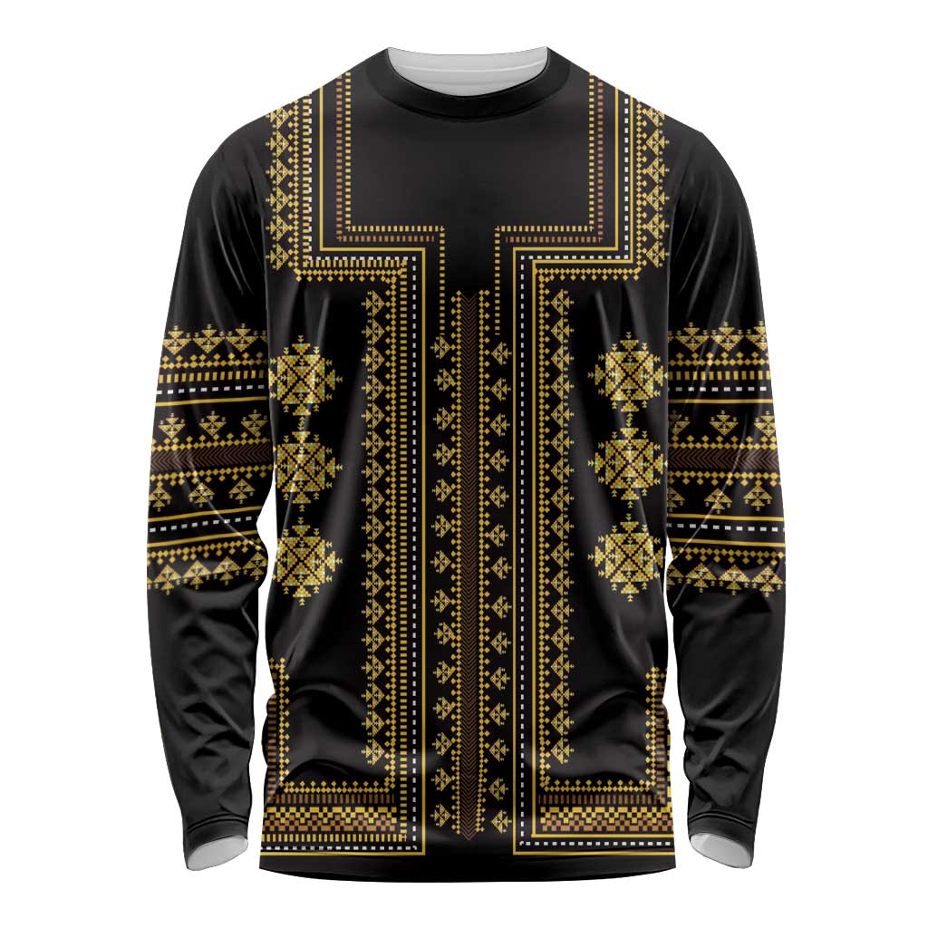 Black long-sleeve crewneck shirt with gold geometric Balkan pattern front