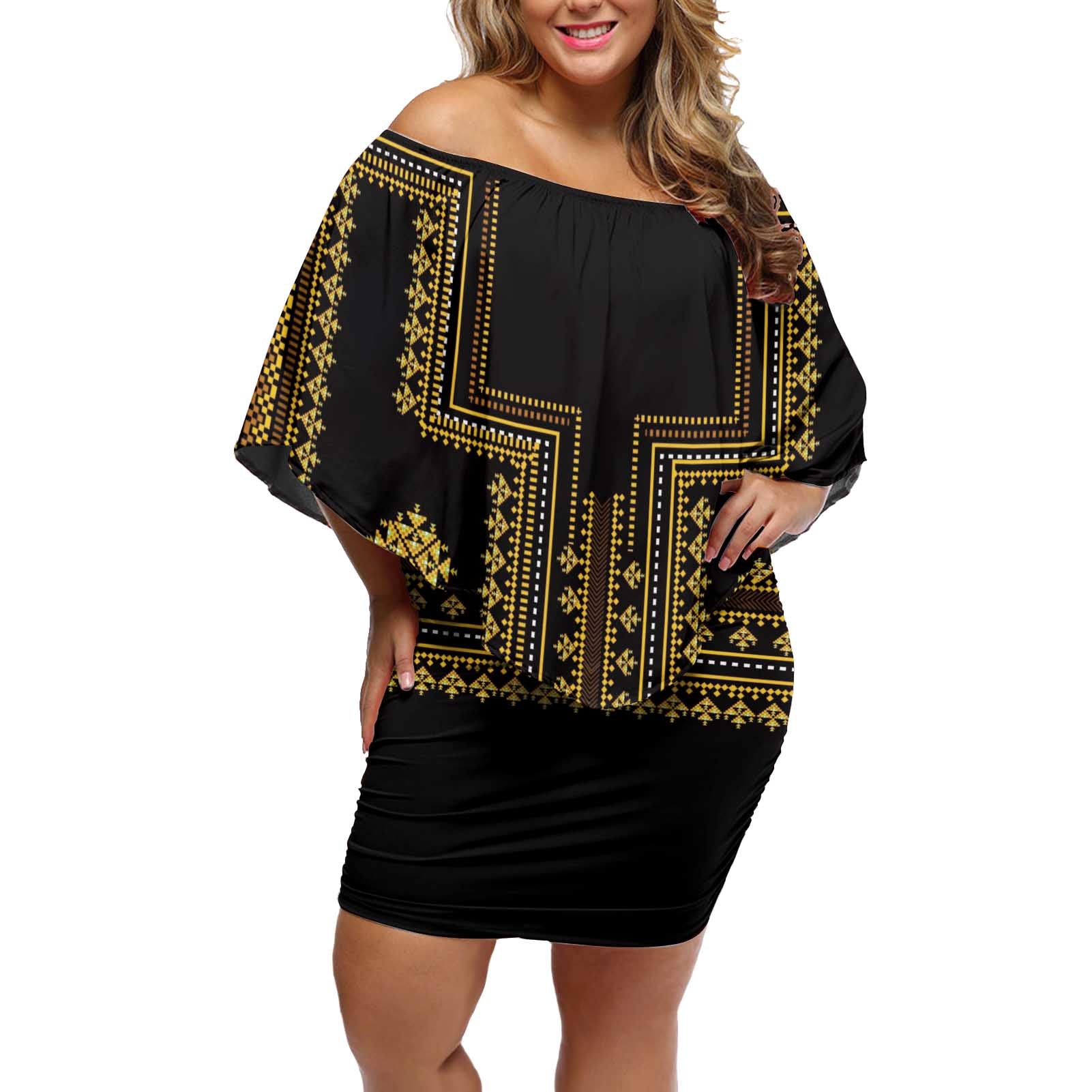 Bulgaria Traditional Pattern Gold Off Shoulder Short Dress Balkan Culture - Wonder Print Shop