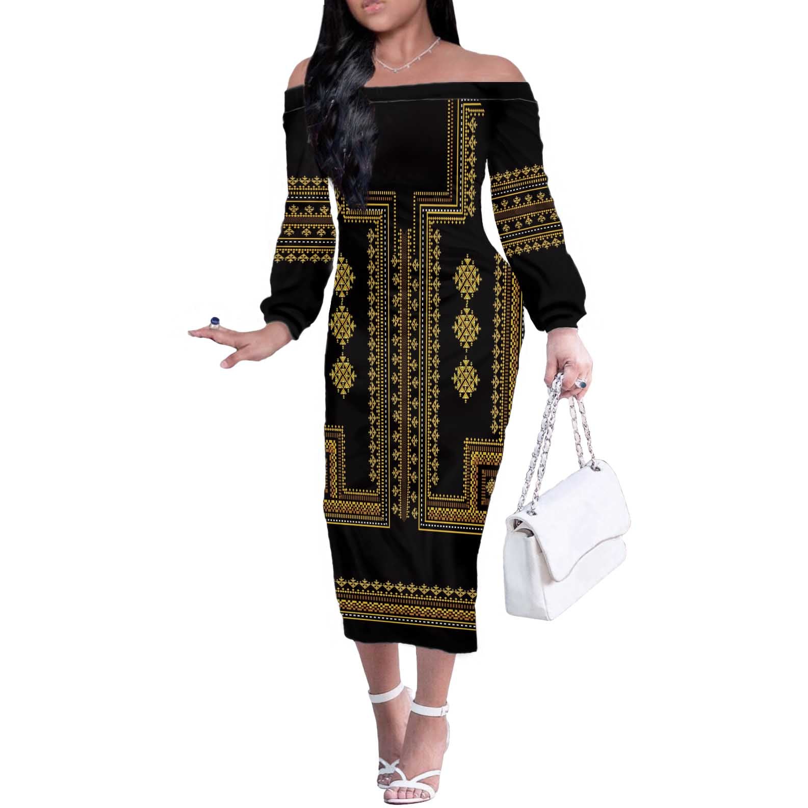 Bulgaria Traditional Pattern Gold Off The Shoulder Long Sleeve Dress Balkan Culture - Wonder Print Shop