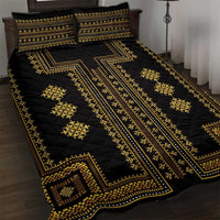 Black quilt cover with gold geometric pattern and two matching pillow shams