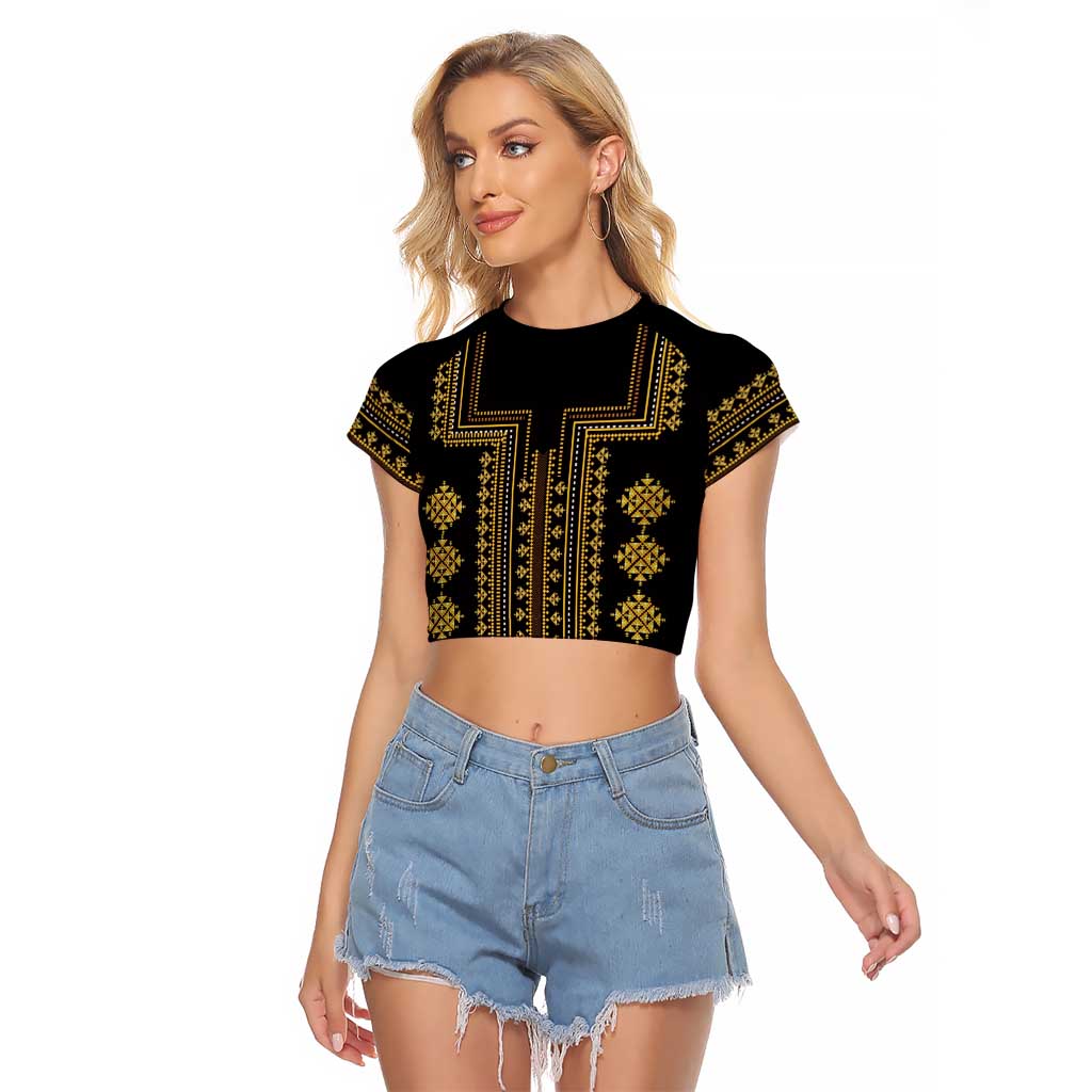 Bulgaria Traditional Pattern Gold Raglan Cropped T Shirt Balkan Culture - Wonder Print Shop