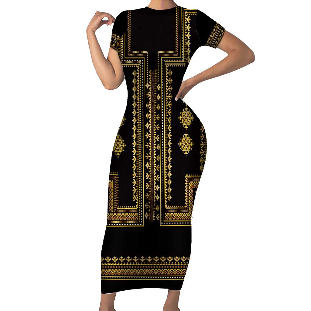 Bulgaria Traditional Pattern Gold Short Sleeve Bodycon Dress Balkan Culture - Wonder Print Shop