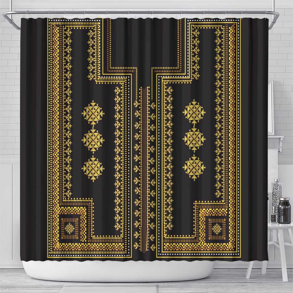 Black shower curtain with gold vertical panels, cross-like border, and diamond ornaments
