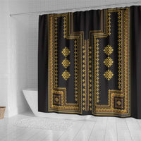 Black shower curtain with gold geometric Balkan-style pattern and vertical border stripes