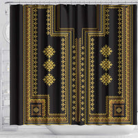 Black shower curtain with gold ornate border corners and hanging diamond clusters
