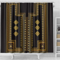 Black shower curtain with gold doorway-like frame and decorative lattice accents