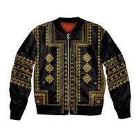 Black satin zip-front bomber jacket with gold geometric embroidery and stand collar
