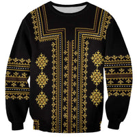 Unisex black sweatshirt with gold traditional geometric front and patterned sleeves
