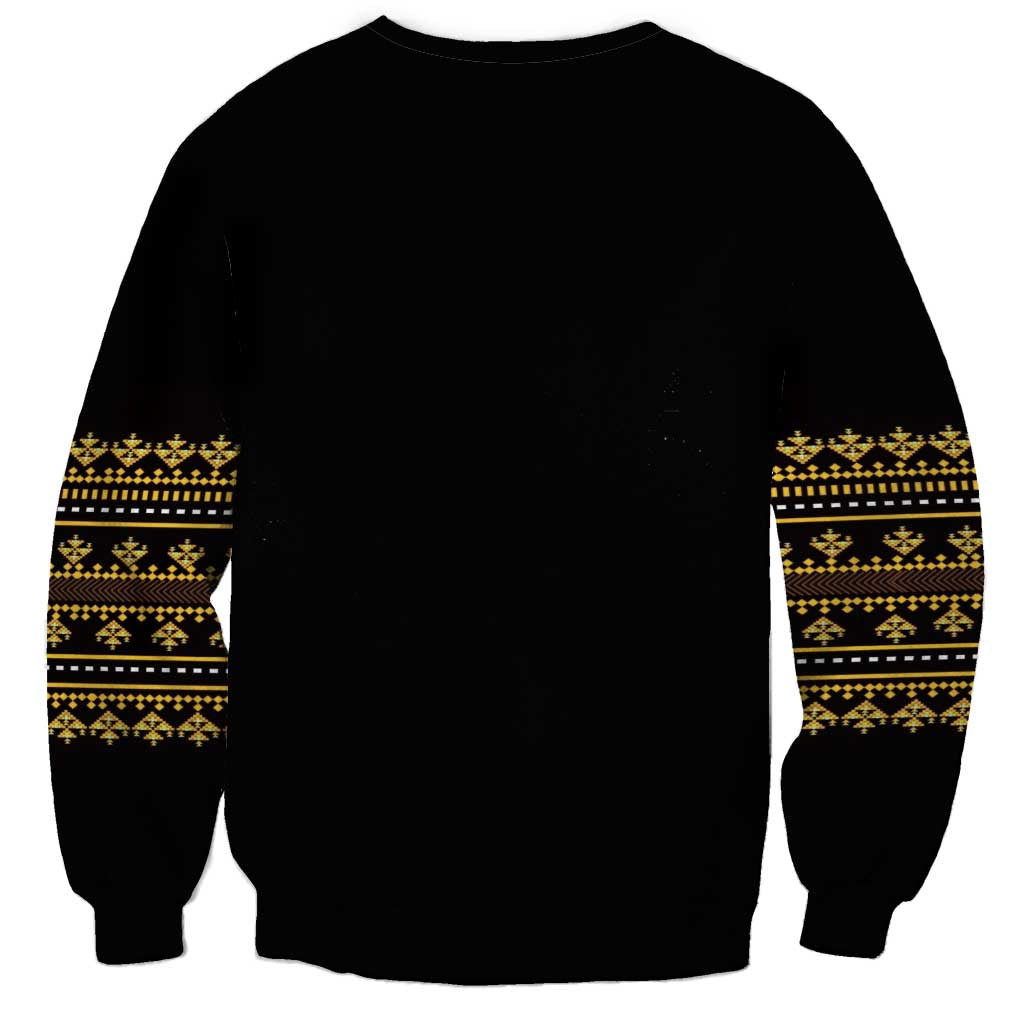 Unisex black sweatshirt back with gold geometric stripe detailing on sleeves
