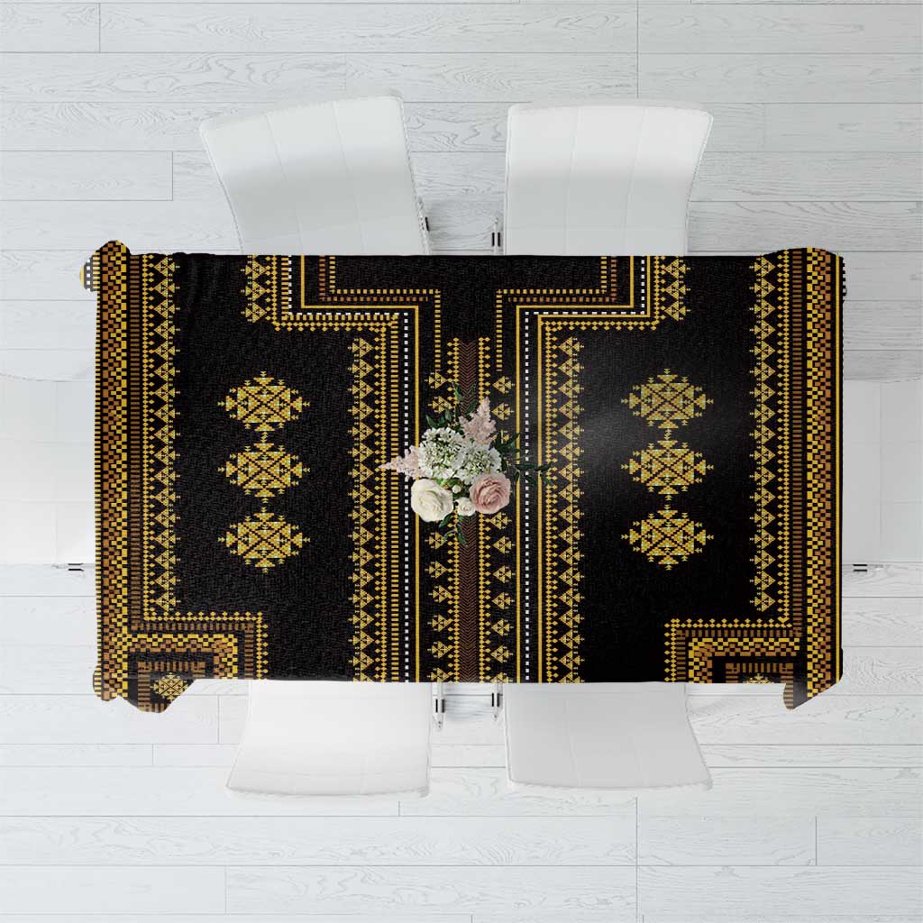 Rectangular tablecloth with dark fabric and gold geometric Balkan pattern border
