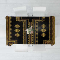 Rectangular tablecloth with dark fabric and gold geometric Balkan pattern border