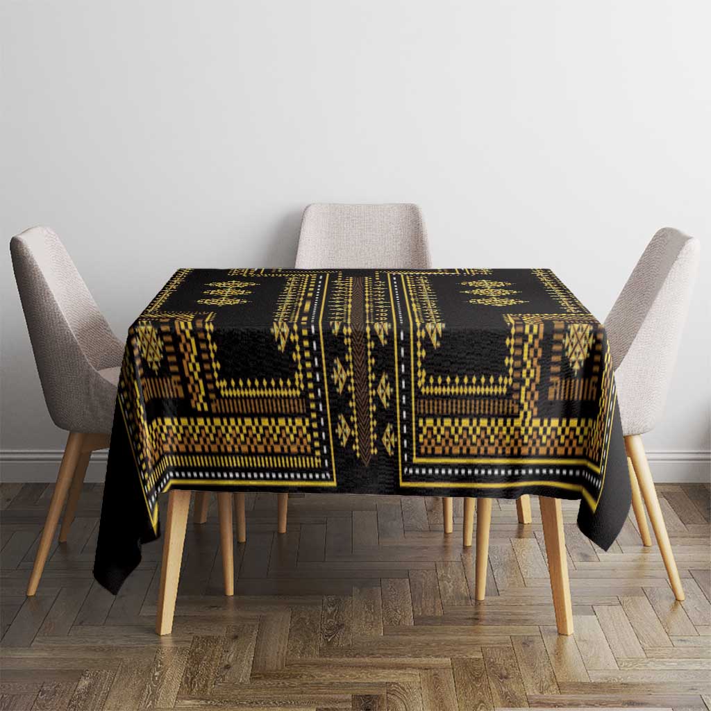 Dark rectangular tablecloth with gold geometric blocks and patterned center panel