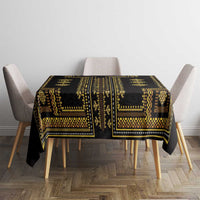 Dark rectangular tablecloth with gold geometric blocks and patterned center panel