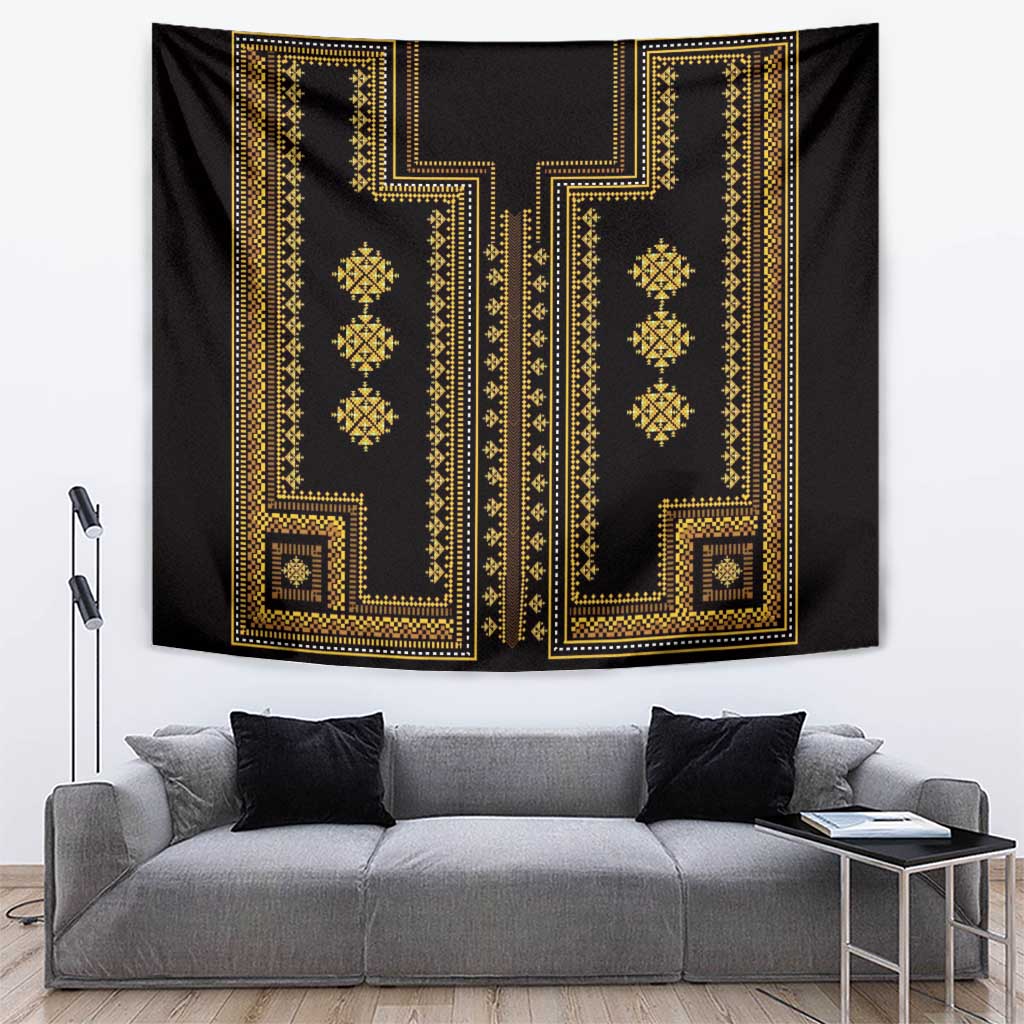 Black tapestry featuring gold vertical medallion motifs and decorative frame edging