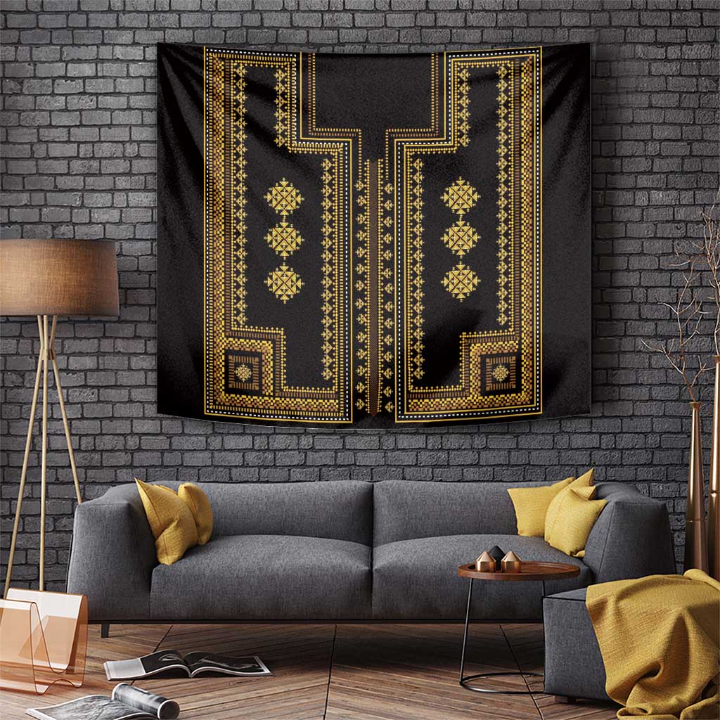 Black tapestry with gold geometric Balkan pattern panels and border accents