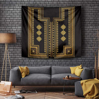 Black tapestry with gold geometric Balkan pattern panels and border accents