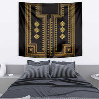 Black fabric tapestry with gold Greek-key border and vertical medallion ornament