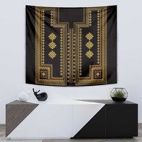 Black tapestry with gold geometric medallion stripes and ornate corner motifs