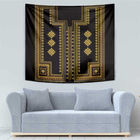 Black wall tapestry with ornate gold geometric columns and Greek-key style border