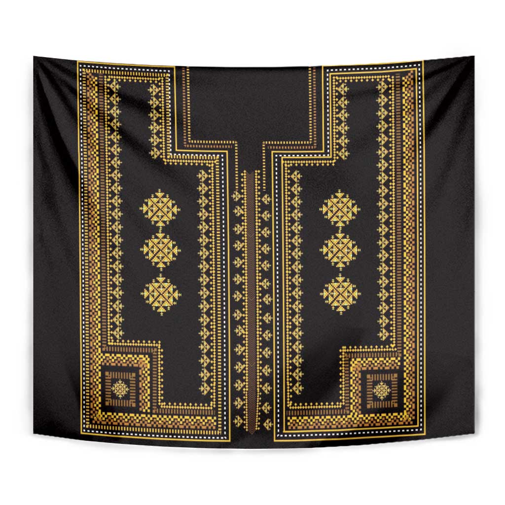 Black and gold geometric tapestry with vertical medallion details and framed border