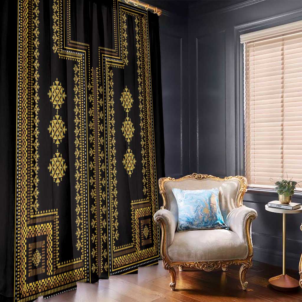 Black window curtain with gold geometric panel design and tall centered diamond motifs