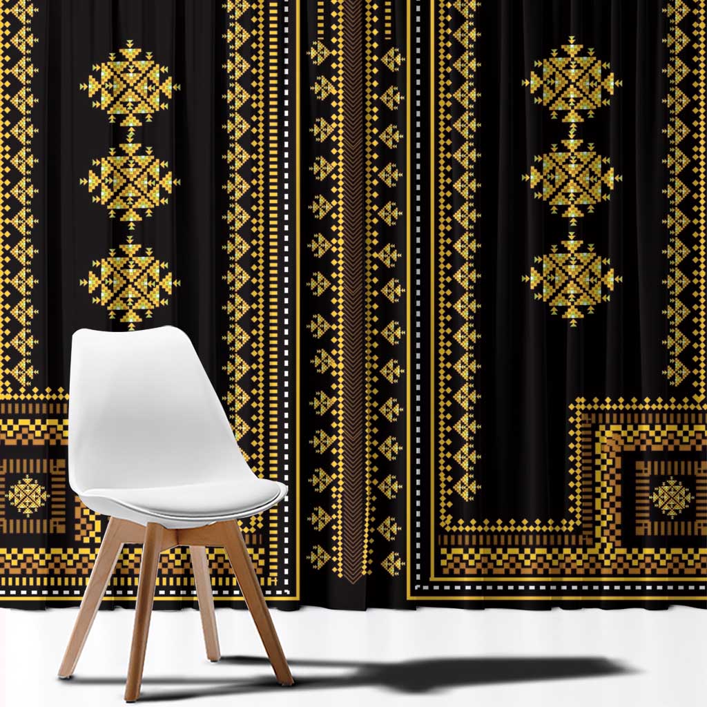 Close-up of black fabric curtain with dense gold diamond and striped geometric pattern