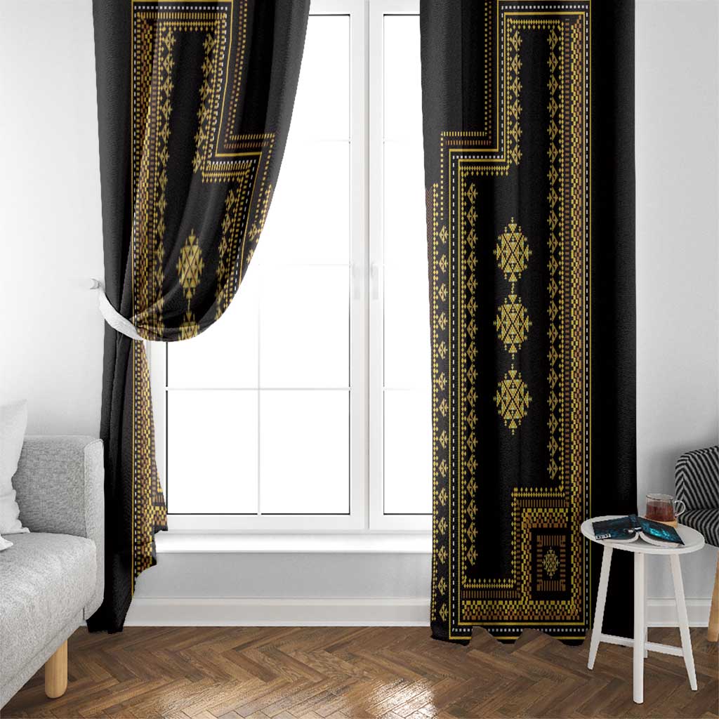 Black window curtain panels with gold geometric traditional pattern border and motifs