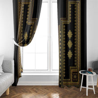 Black window curtain panels with gold geometric traditional pattern border and motifs
