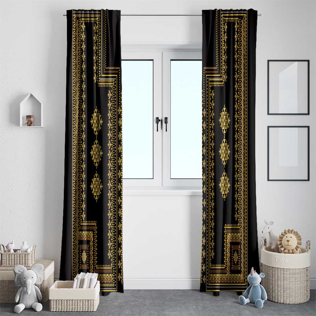 Black curtain panels with gold vertical ornamental borders and repeating diamond motifs
