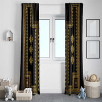 Black curtain panels with gold vertical ornamental borders and repeating diamond motifs