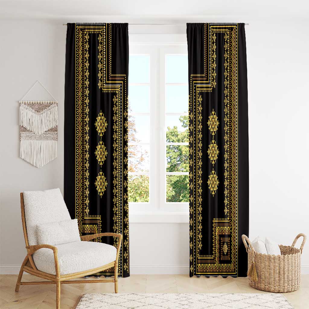 Pair of black curtain panels with tall gold Greek-style geometric trim and central motifs