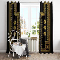 Black window curtains featuring vertical gold geometric emblem-style pattern lines