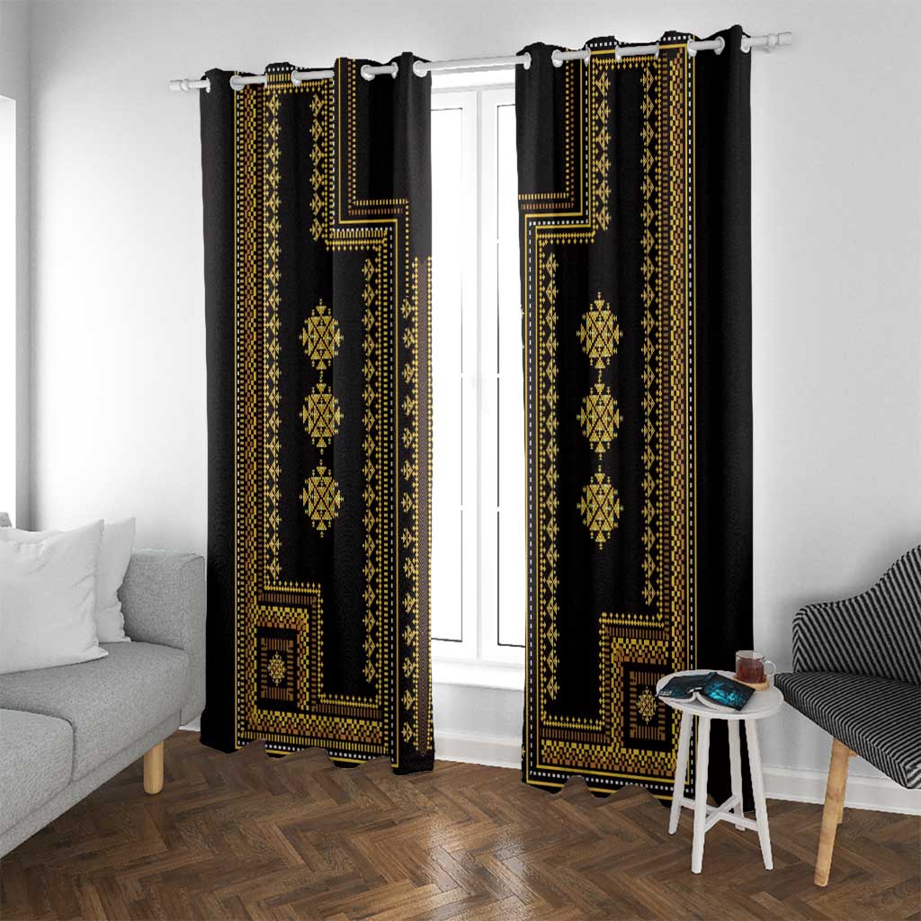 Two black curtain panels with ornate gold geometric borders and diamond motif columns