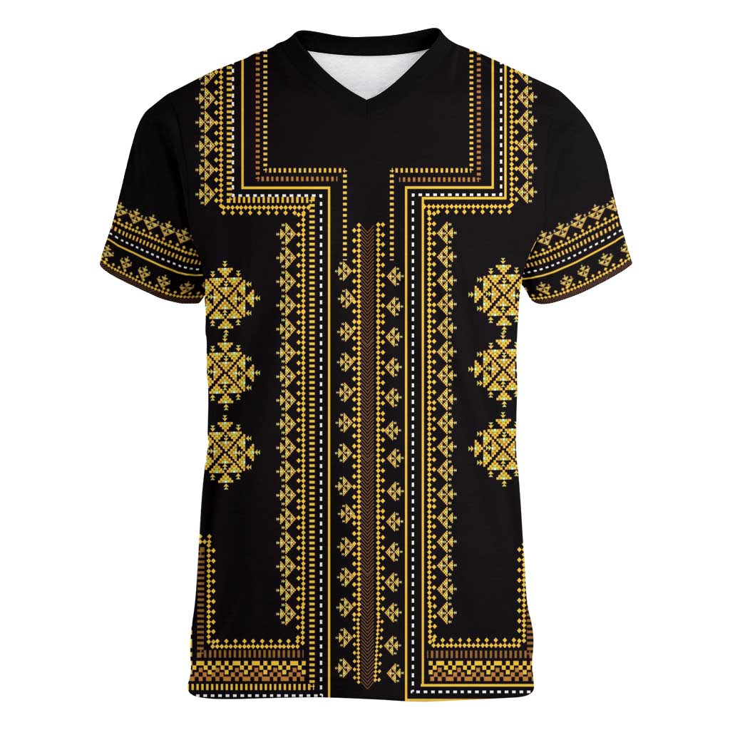 Bulgaria Traditional Pattern Gold Women V-Neck T-Shirt Balkan Culture - Wonder Print Shop