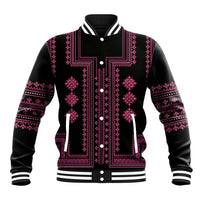 Black baseball jacket with pink traditional pattern, snap front, ribbed collar and cuffs