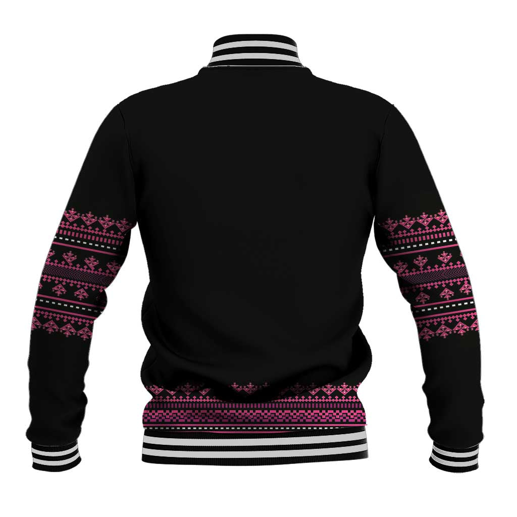 Back view: black baseball jacket with pink traditional pattern, snap front, ribbed hem and cuffs