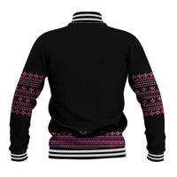 Back view: black baseball jacket with pink traditional pattern, snap front, ribbed hem and cuffs