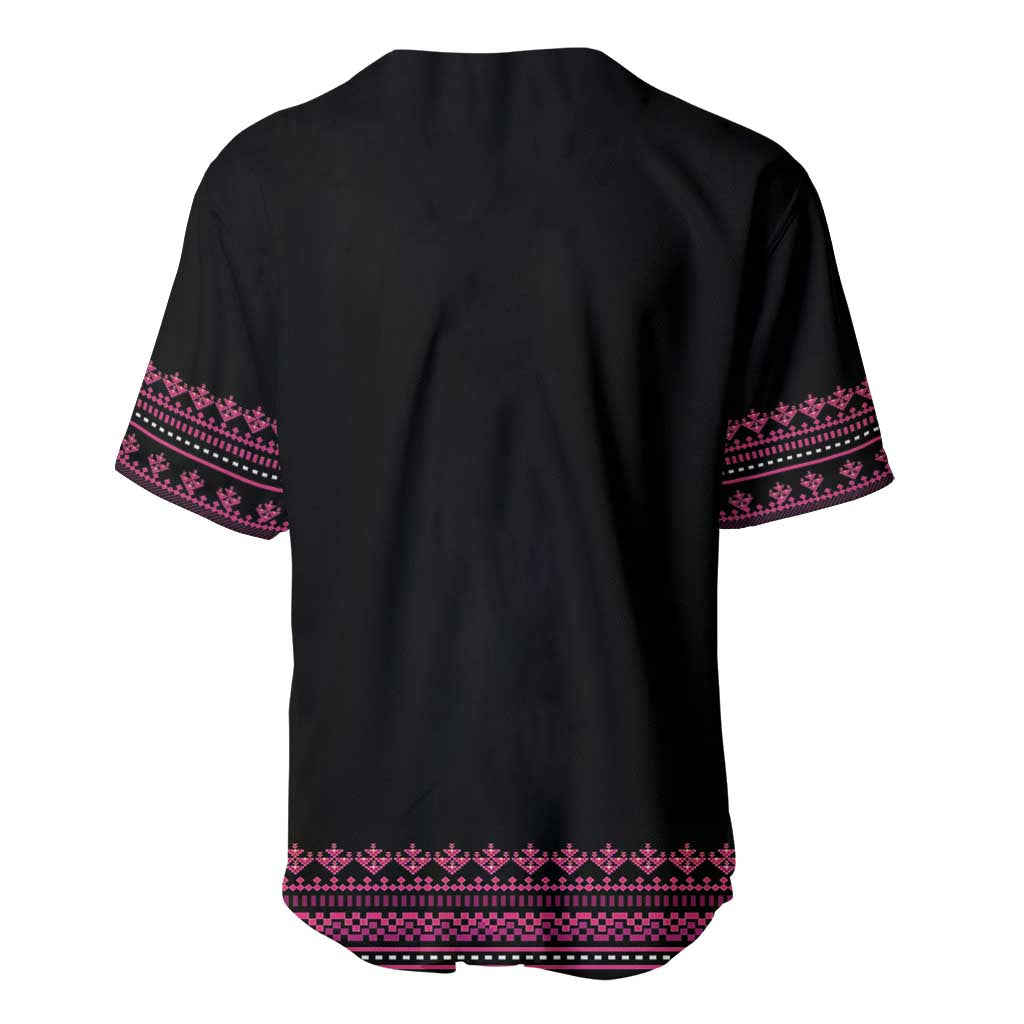 Black baseball jersey back view with pink and purple geometric sleeve bands and hem trim