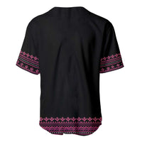 Black baseball jersey back view with pink and purple geometric sleeve bands and hem trim