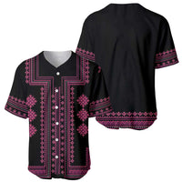 Black baseball jersey with pink and purple traditional geometric embroidery, button front