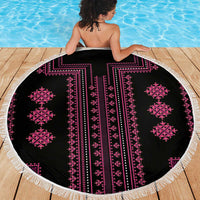 Round beach blanket, black with pink vertical bands and diamond motifs, white fringed edge