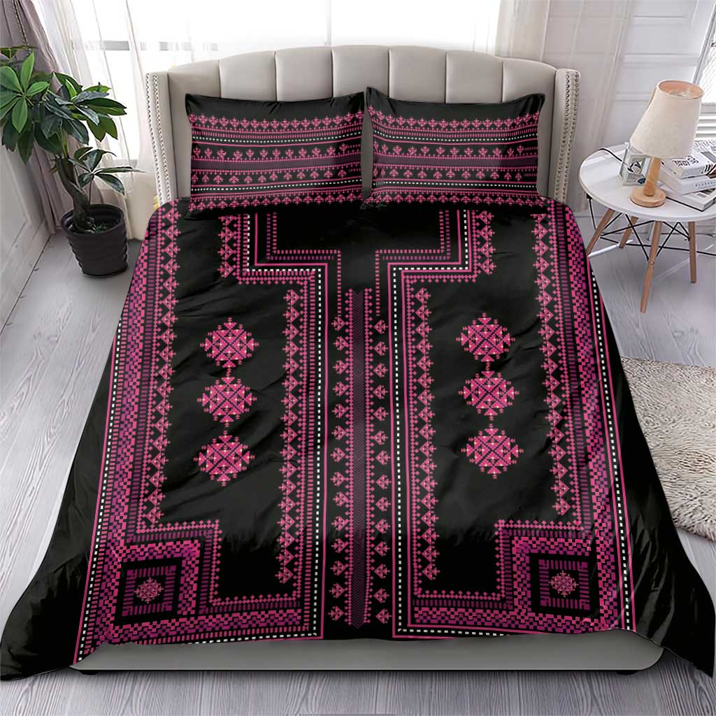 Black comforter bedding set with magenta Balkan geometric motifs and pillow shams