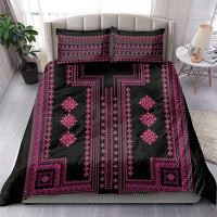 Black comforter bedding set with magenta Balkan geometric motifs and pillow shams