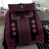 Black duvet bedding set featuring magenta cross-style geometric border and decorative panels
