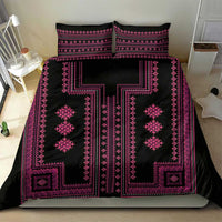 Black bedding set with magenta symmetrical geometric pattern on duvet and two pillow shams