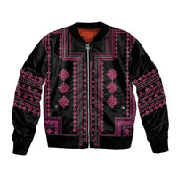 Unisex black bomber jacket with pink embroidered front and stand collar zipper