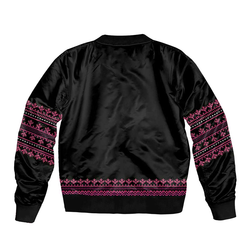 Unisex black bomber jacket with pink embroidered back yoke and hem band